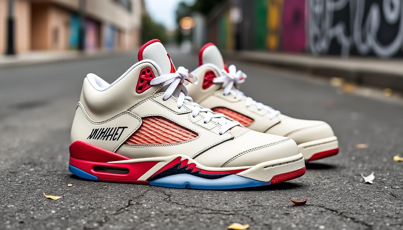découvrez la jordan 5 off-white, une sneaker emblématique qui fusionne le style urbain du street art avec l'élégance sportive. son design audacieux et ses détails uniques en font une pièce incontournable pour les amateurs de mode et de culture sneakers.